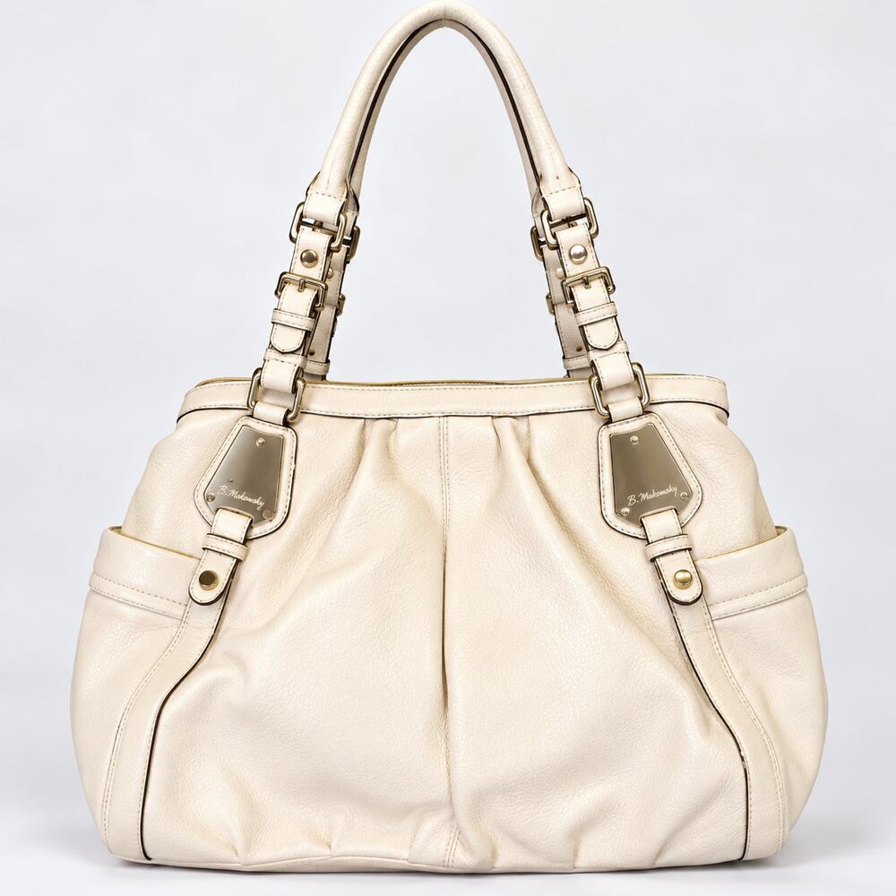 B. Makowsky White Leather Tote Shoulder Bag Buckle Hardware